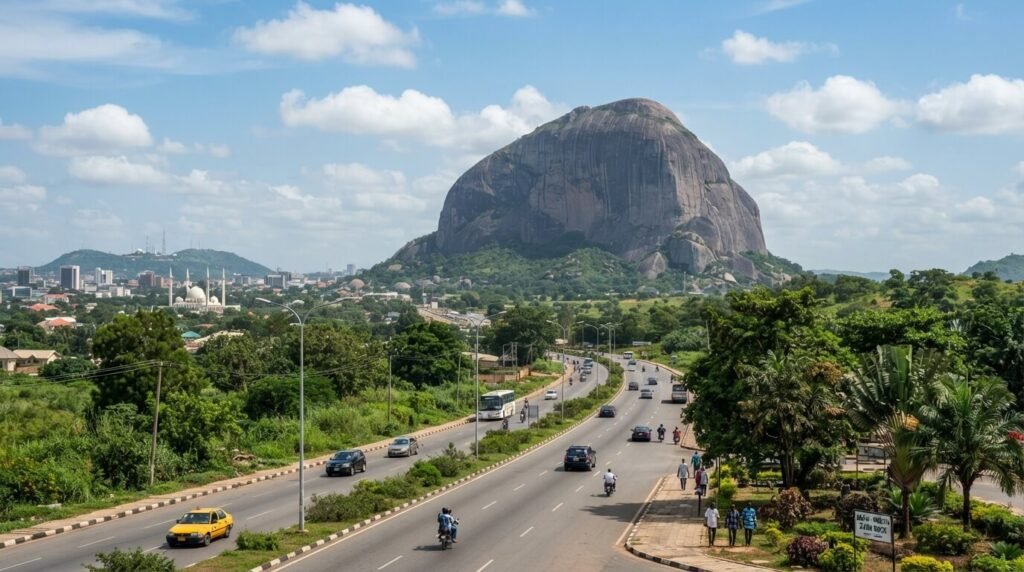 Expressway curving past the granite dome of Zuma Rock on the approach to Abuja, with light traffic and green hills