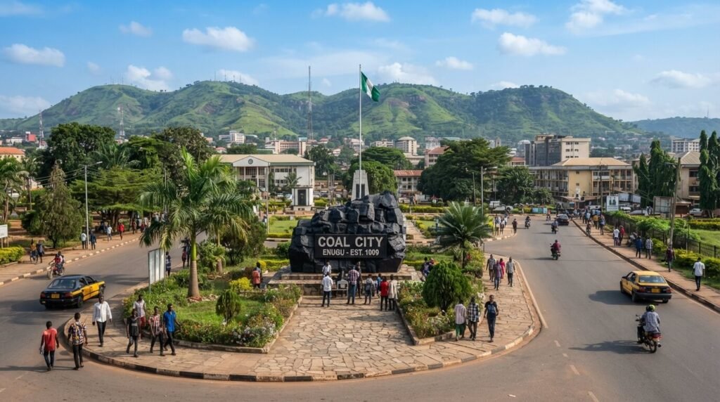 Roundabout in Enugu marked with a Coal City monument, ringed by palm trees and green hills