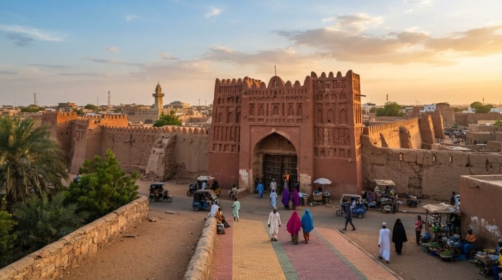 Historic mud-brick city gate in Kano at golden hour, with tricycles and traders passing beneath the walls