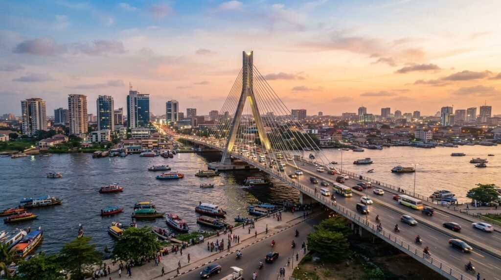 The Lekki-Ikoyi Link Bridge over Lagos lagoon at sunset, with boats below and the city skyline beyond