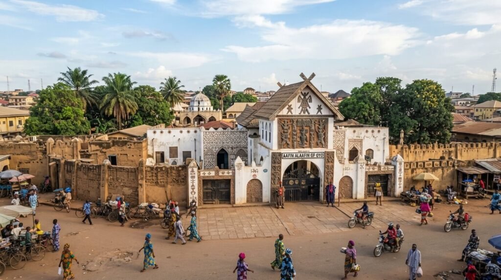 Historic walled building in Ibadan, Oyo State, with tricycles and pedestrians on the street outside