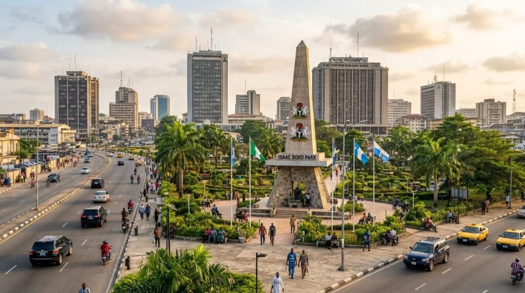 Port Harcourt city centre in Rivers State, with high-rise towers and a monument on a palm-lined roundabout